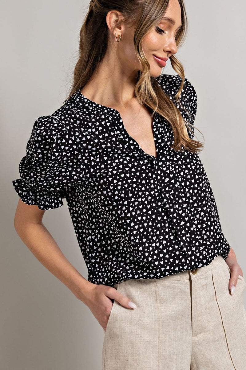 Heart Print Puff Sleeve Blouse
