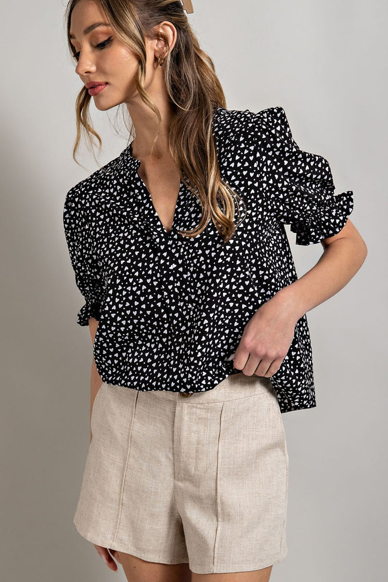 Heart Print Puff Sleeve Blouse