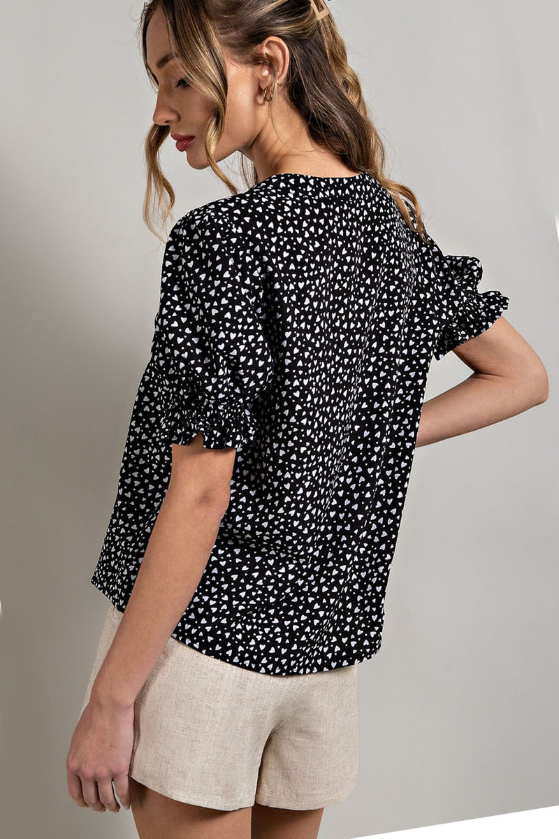 Heart Print Puff Sleeve Blouse