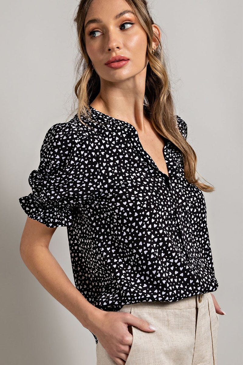 Heart Print Puff Sleeve Blouse