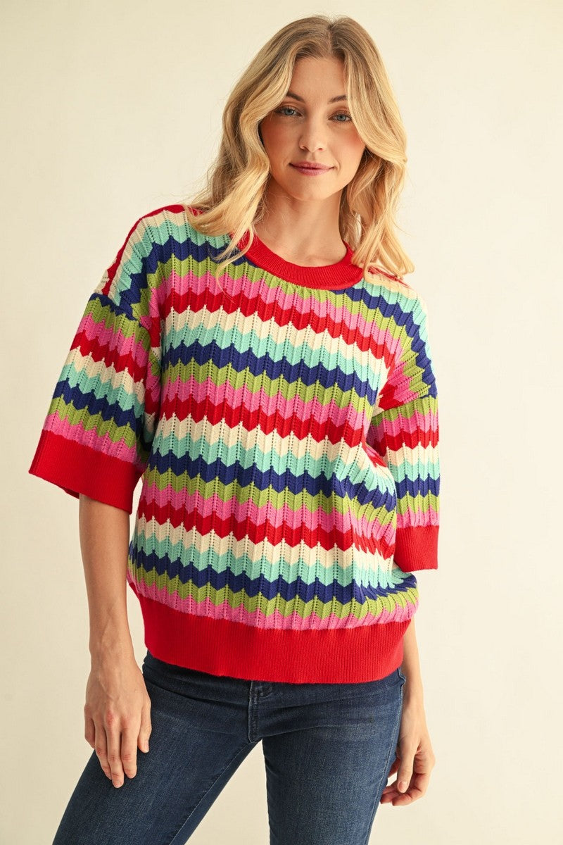Multi Color Zig Zag Short Sleeve Sweater