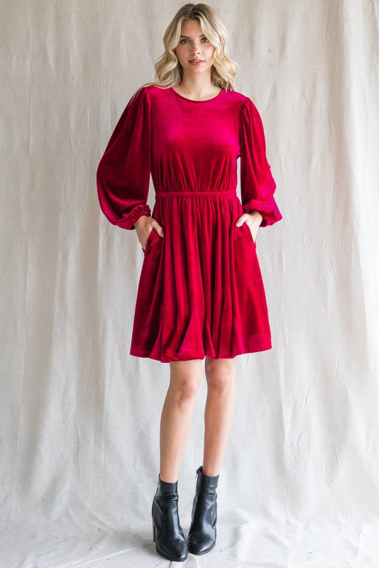 Long Sleeve Tie Back Velvet Dress (Burgundy)