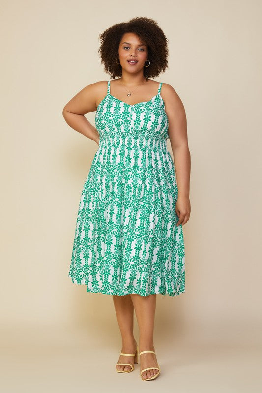 Sleeveless Printed Smocked Waist Dress (Plus Size)