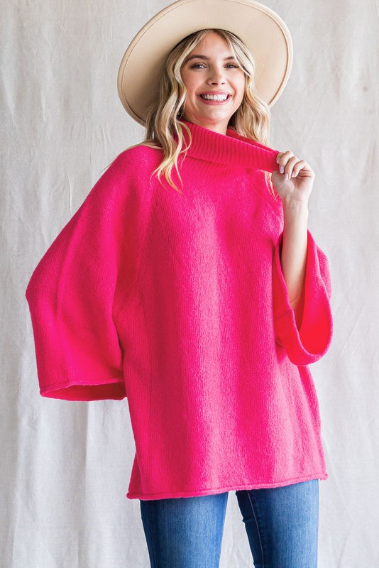 3/4 Dolman Sleeve Turtleneck (Plus Size - Hot Pink)