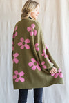 Flower Print Balloon Sleeve Open Cardigan (Plus Size)