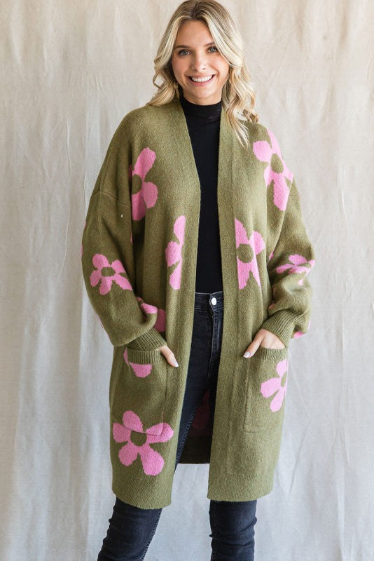 Flower Print Balloon Sleeve Open Cardigan (Plus Size)