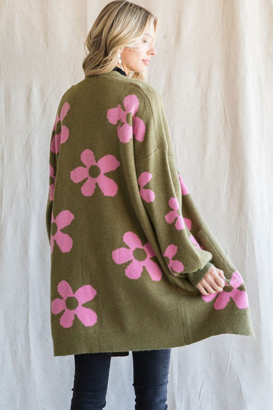 Flower Print Balloon Sleeve Open Cardigan