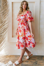 Puff Sleeve Floral Print Midi Dress