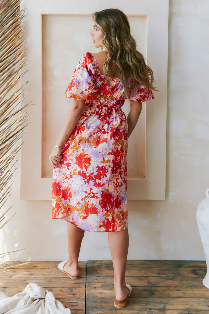 Puff Sleeve Floral Print Midi Dress