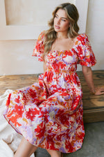 Puff Sleeve Floral Print Midi Dress
