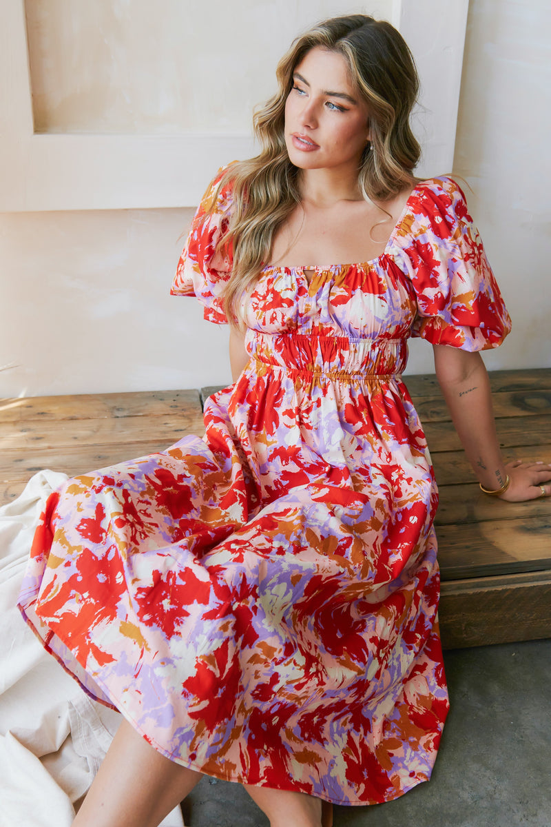 Puff Sleeve Floral Print Midi Dress