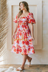 Puff Sleeve Floral Print Midi Dress