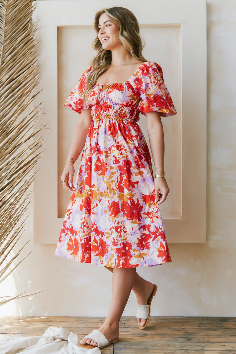 Puff Sleeve Floral Print Midi Dress