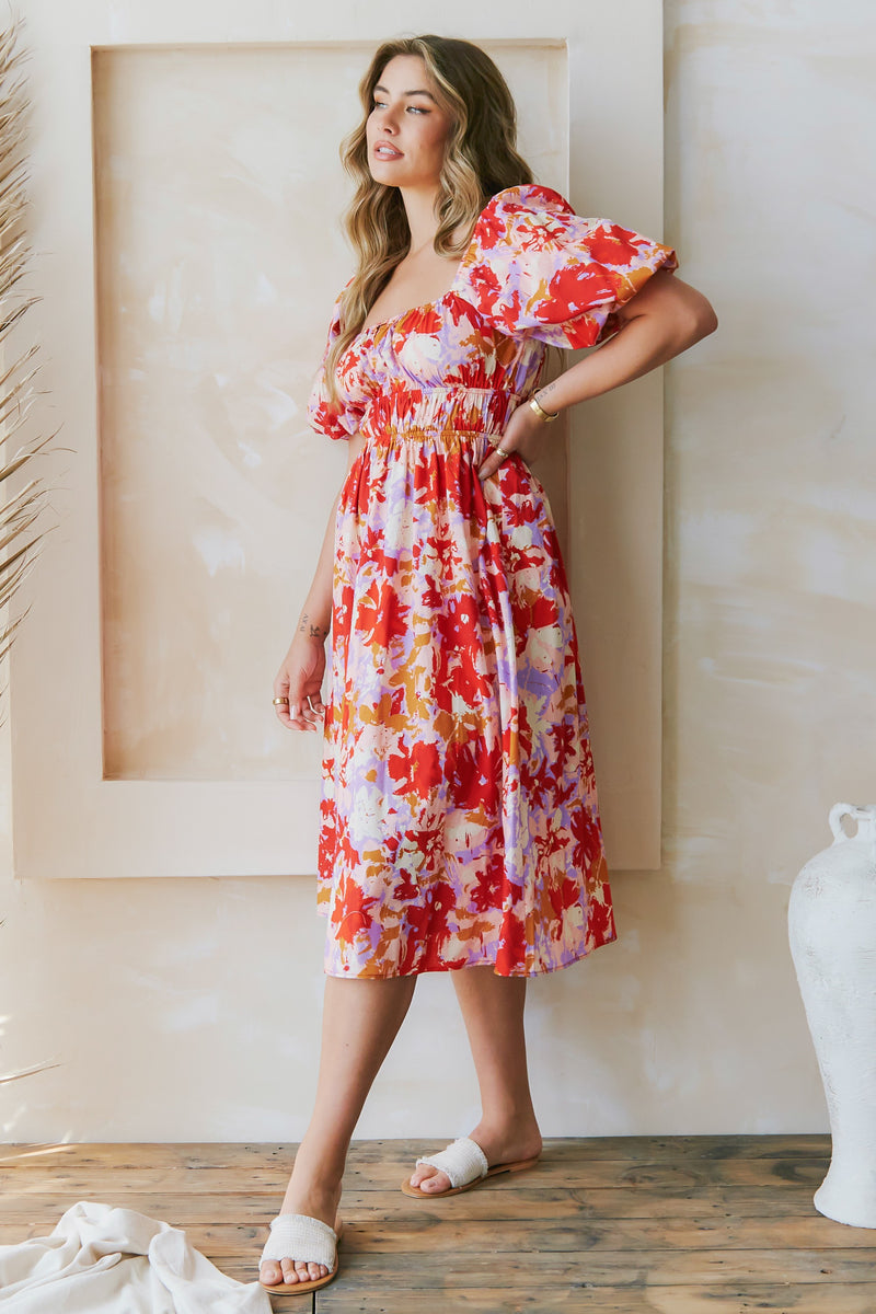 Puff Sleeve Floral Print Midi Dress