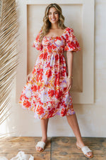 Puff Sleeve Floral Print Midi Dress