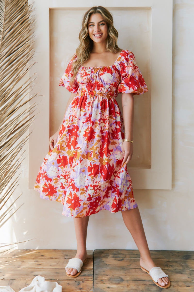 Puff Sleeve Floral Print Midi Dress