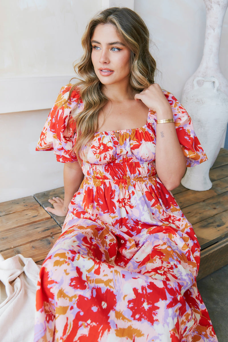 Puff Sleeve Floral Print Midi Dress