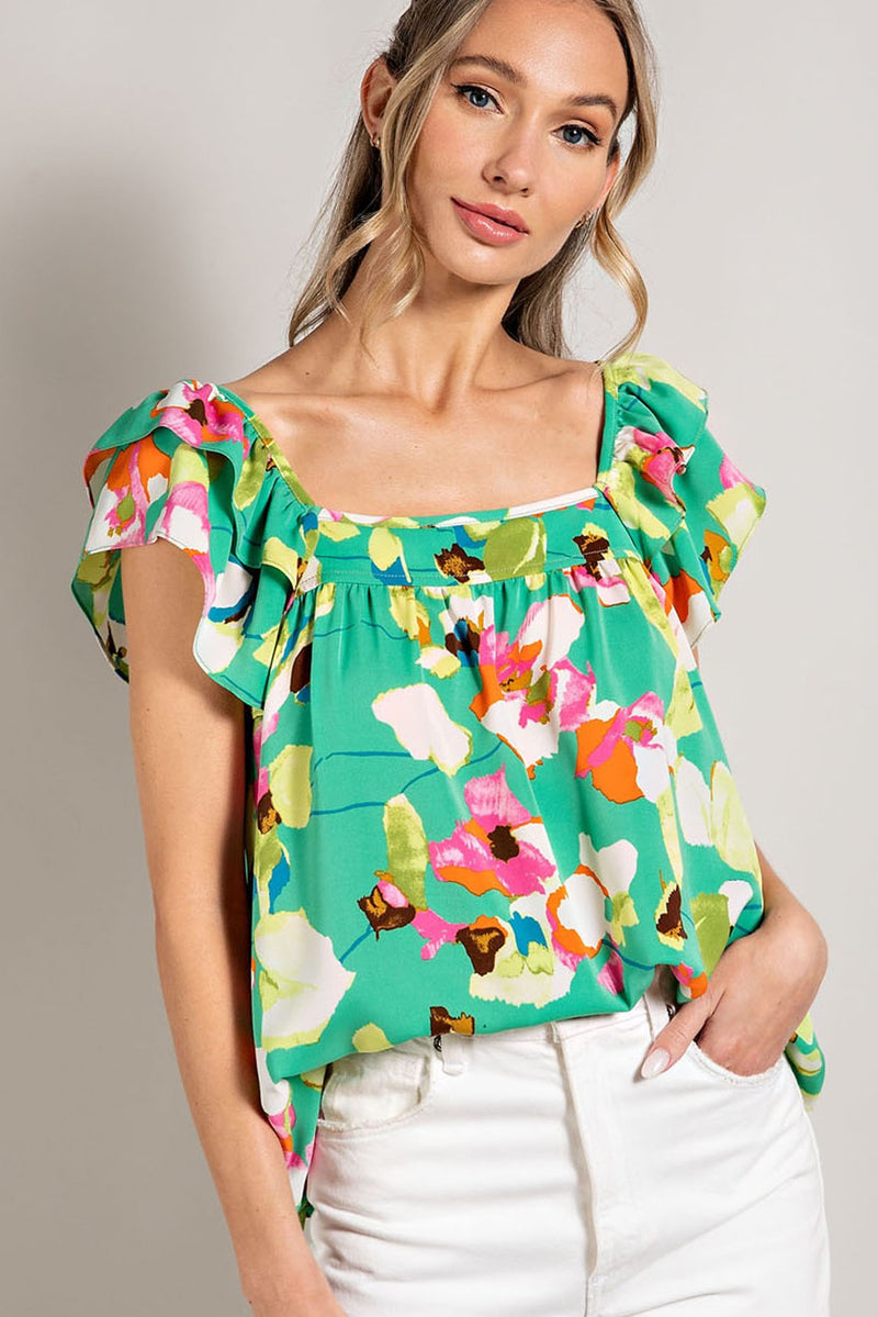 Square Neck Ruffle Sleeve Top