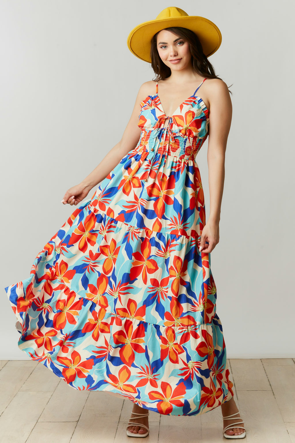 Floral Print Smocked Waist Maxi Dress