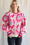 Abstract Print Balloon Sleeve Sweater (Plus Size - Ivory Mix)