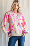 Abstract Print Balloon Sleeve Sweater (Plus Size - Taupe Mix)
