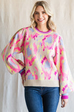 Abstract Print Balloon Sleeve Sweater (Plus Size - Taupe Mix)
