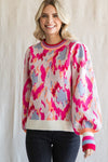 Abstract Print Balloon Sleeve Sweater (Plus Size - Ivory Mix)