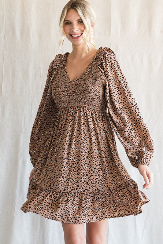 Ruffle Shoulder Long Sleeve Leopard Print Dress (Plus Size)