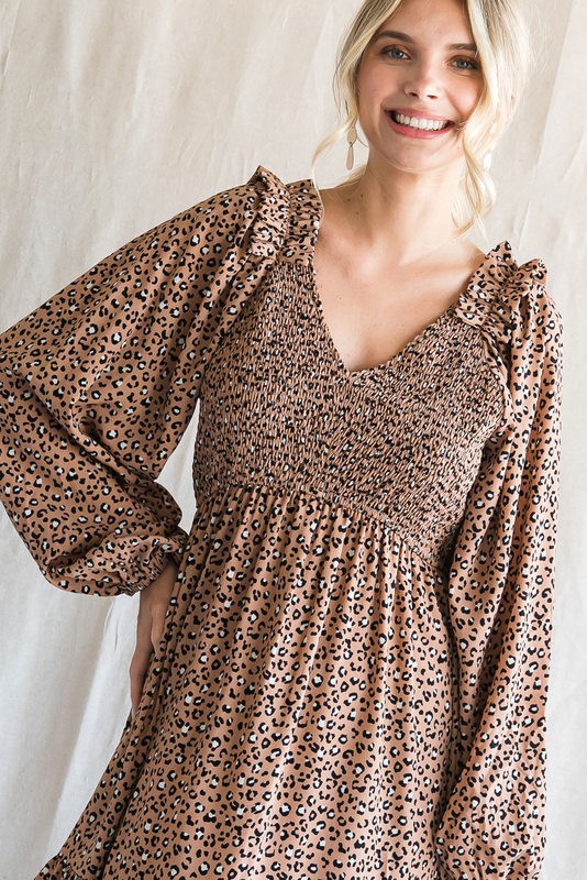 Ruffle Shoulder Long Sleeve Leopard Print Dress (Plus Size)