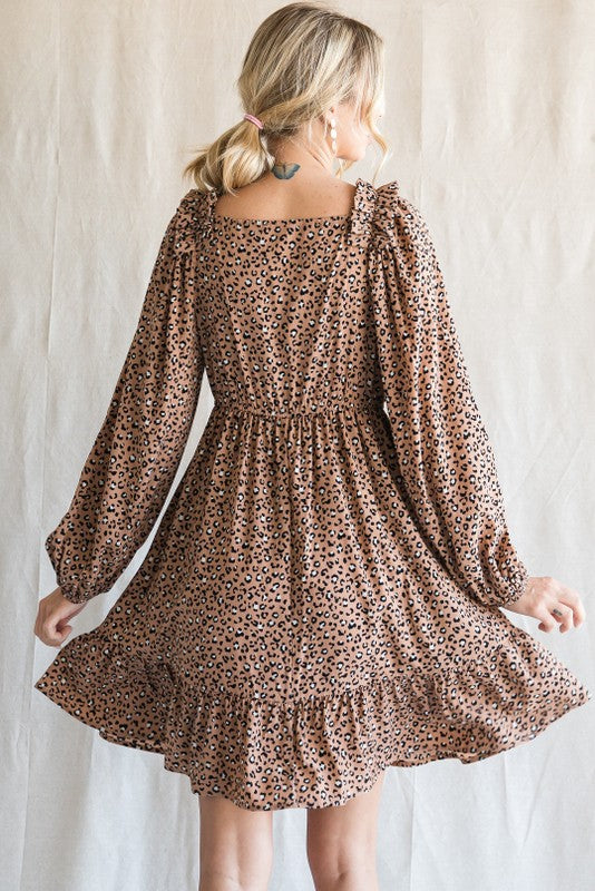 Ruffle Shoulder Long Sleeve Leopard Print Dress (Plus Size)