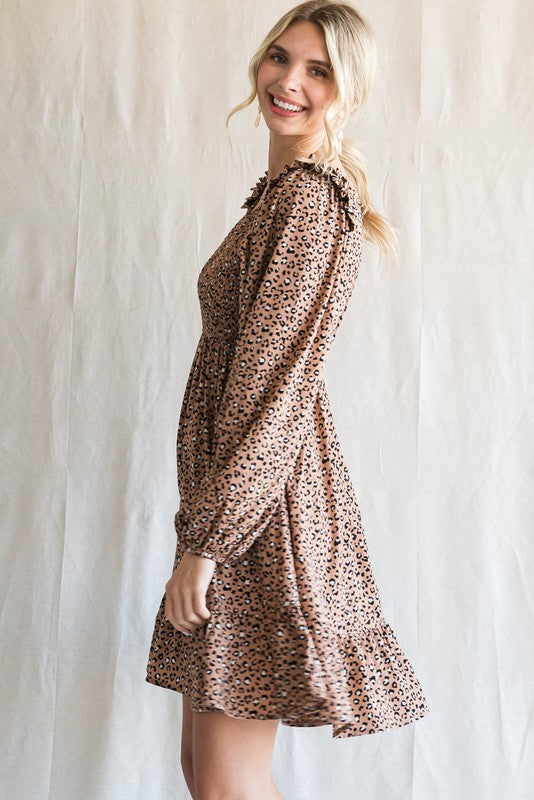 Ruffle Shoulder Long Sleeve Leopard Print Dress (Plus Size)