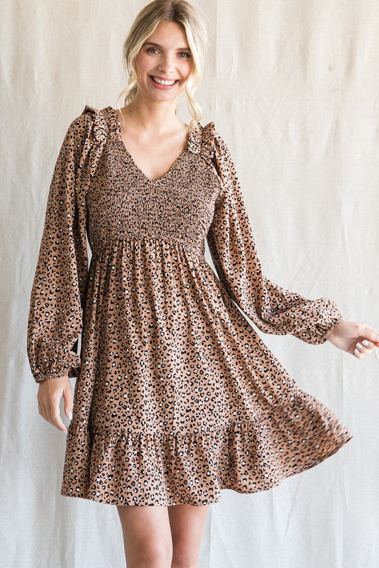 Ruffle Shoulder Long Sleeve Leopard Print Dress (Plus Size)