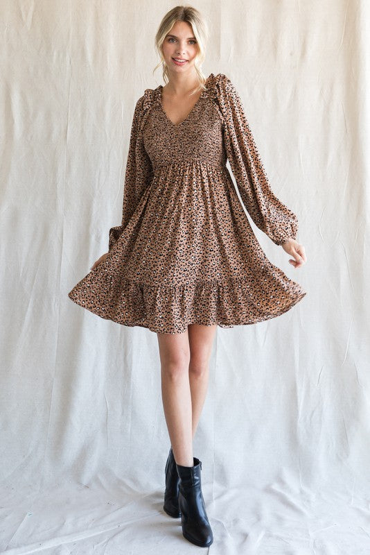 Ruffle Shoulder Long Sleeve Leopard Print Dress (Plus Size)