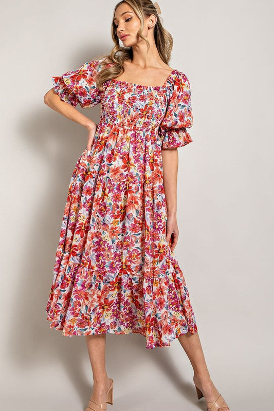 Smocked Top Floral Print Tiered Maxi Dress