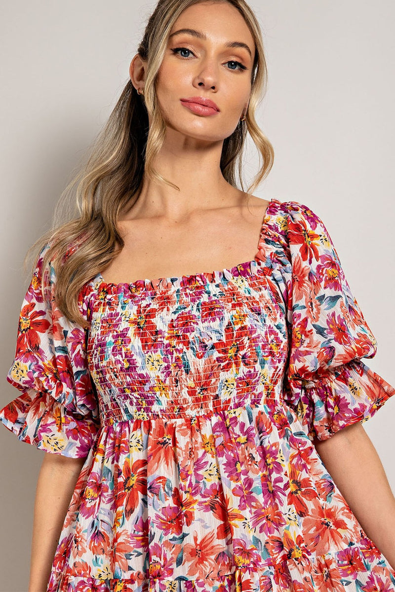 Smocked Top Floral Print Tiered Maxi Dress