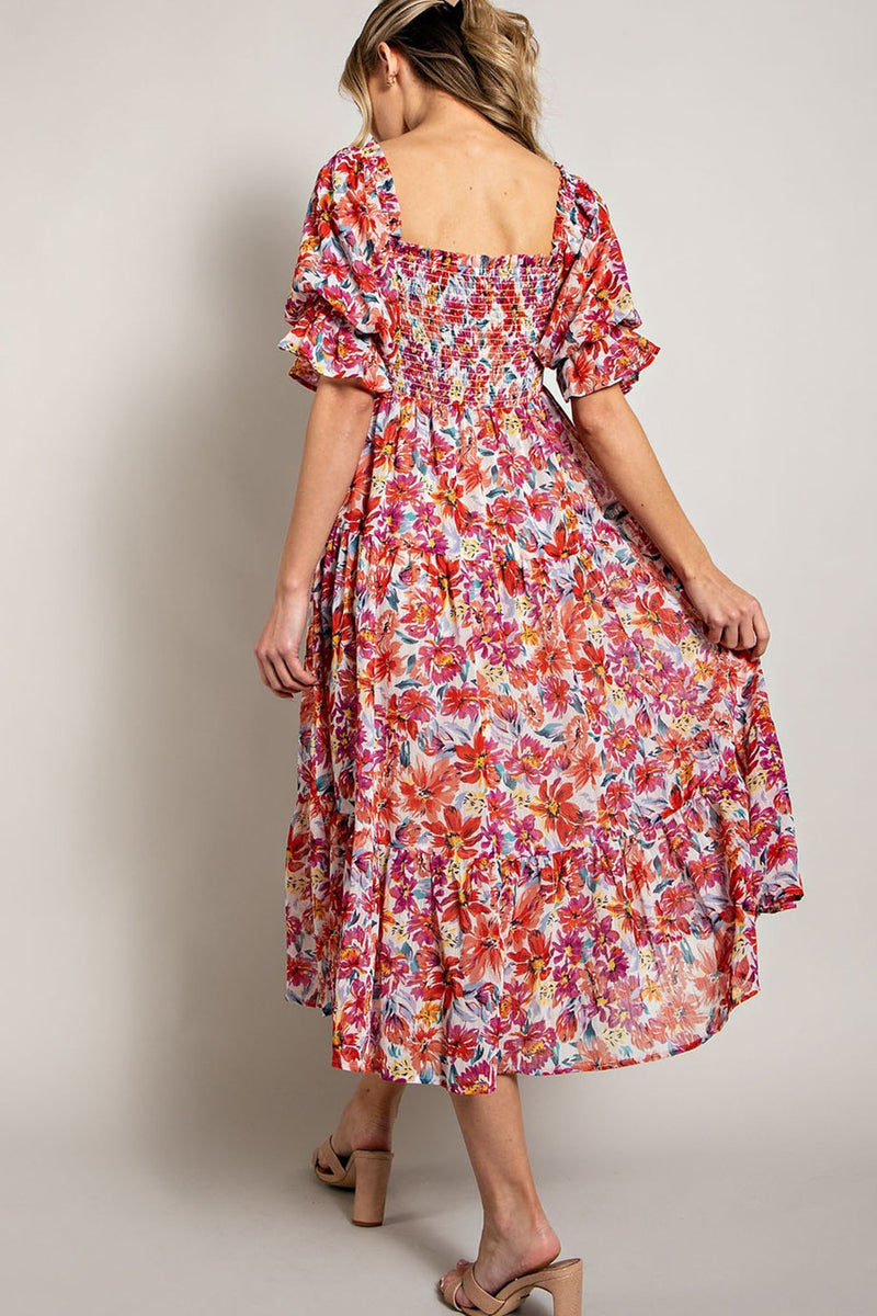 Smocked Top Floral Print Tiered Maxi Dress (Plus Size)