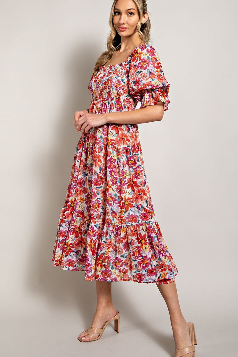 Smocked Top Floral Print Tiered Maxi Dress (Plus Size)