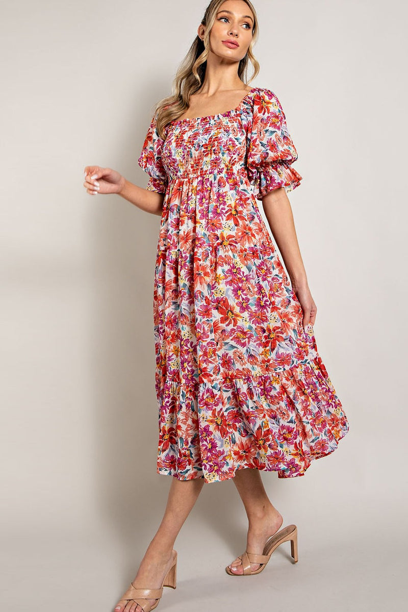 Smocked Top Floral Print Tiered Maxi Dress (Plus Size)