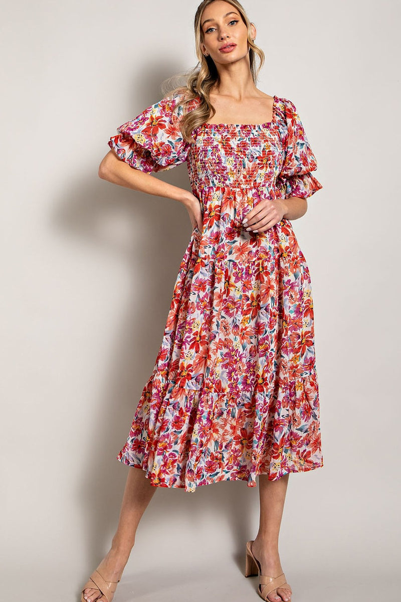 Smocked Top Floral Print Tiered Maxi Dress (Plus Size)