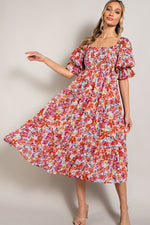 Smocked Top Floral Print Tiered Maxi Dress
