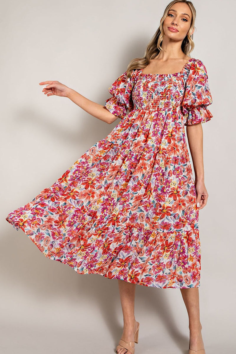 Smocked Top Floral Print Tiered Maxi Dress