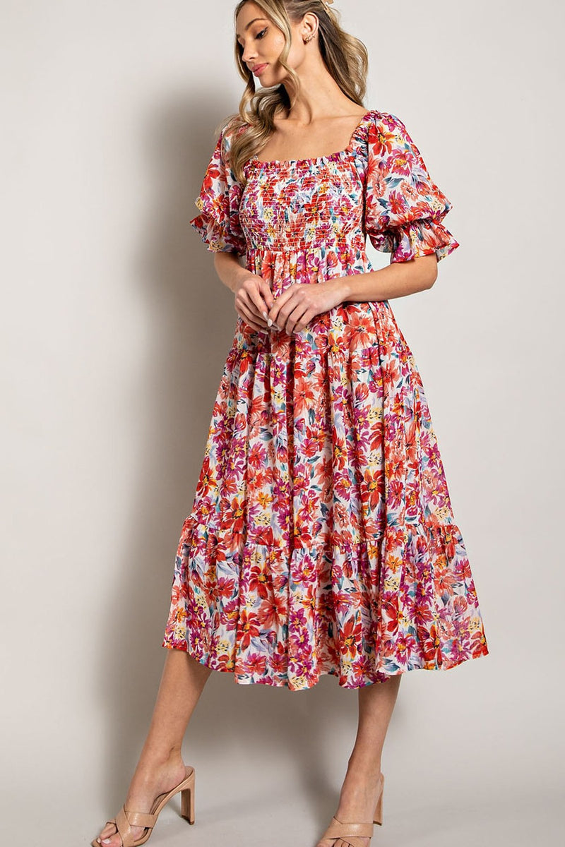 Smocked Top Floral Print Tiered Maxi Dress
