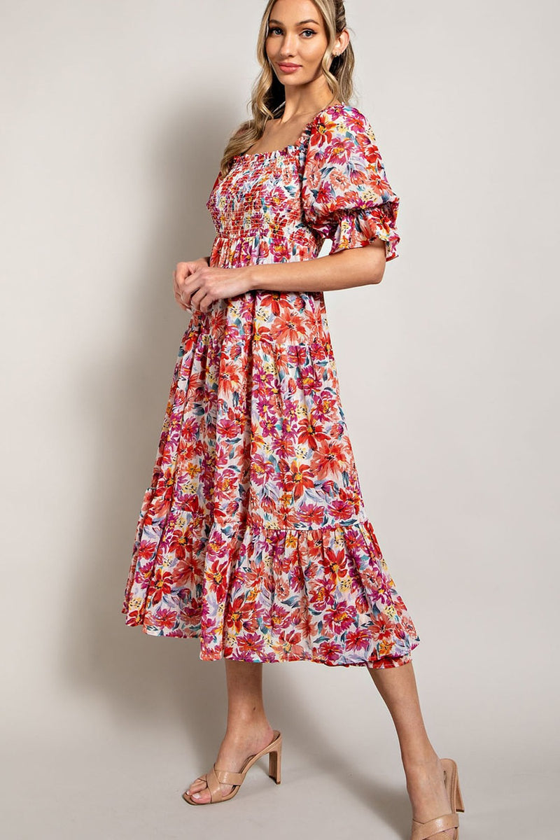 Smocked Top Floral Print Tiered Maxi Dress