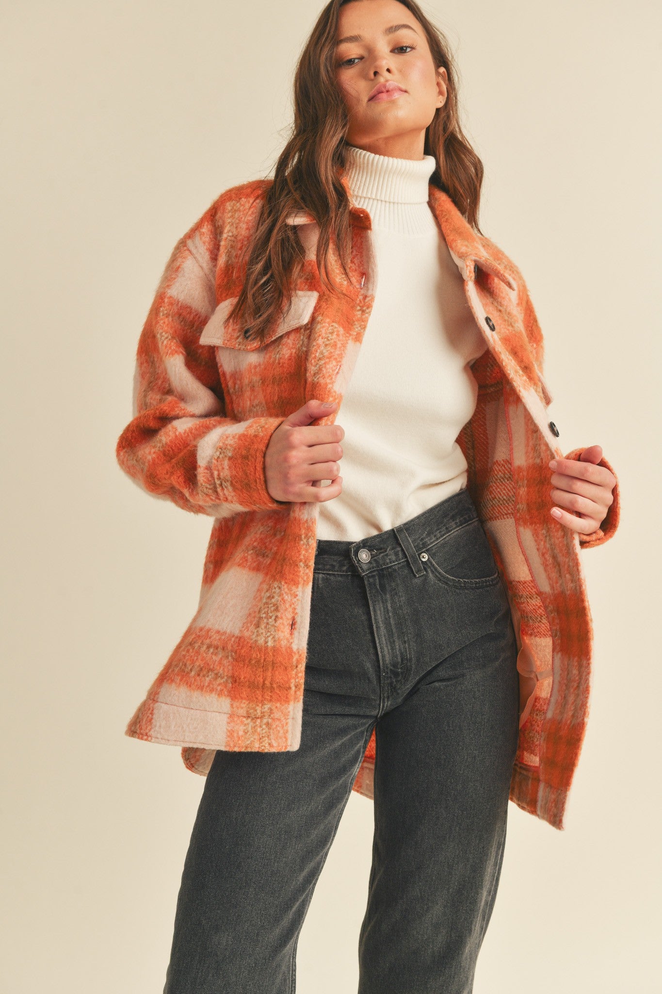 Brushed Plaid Shacket (Orange Mix)