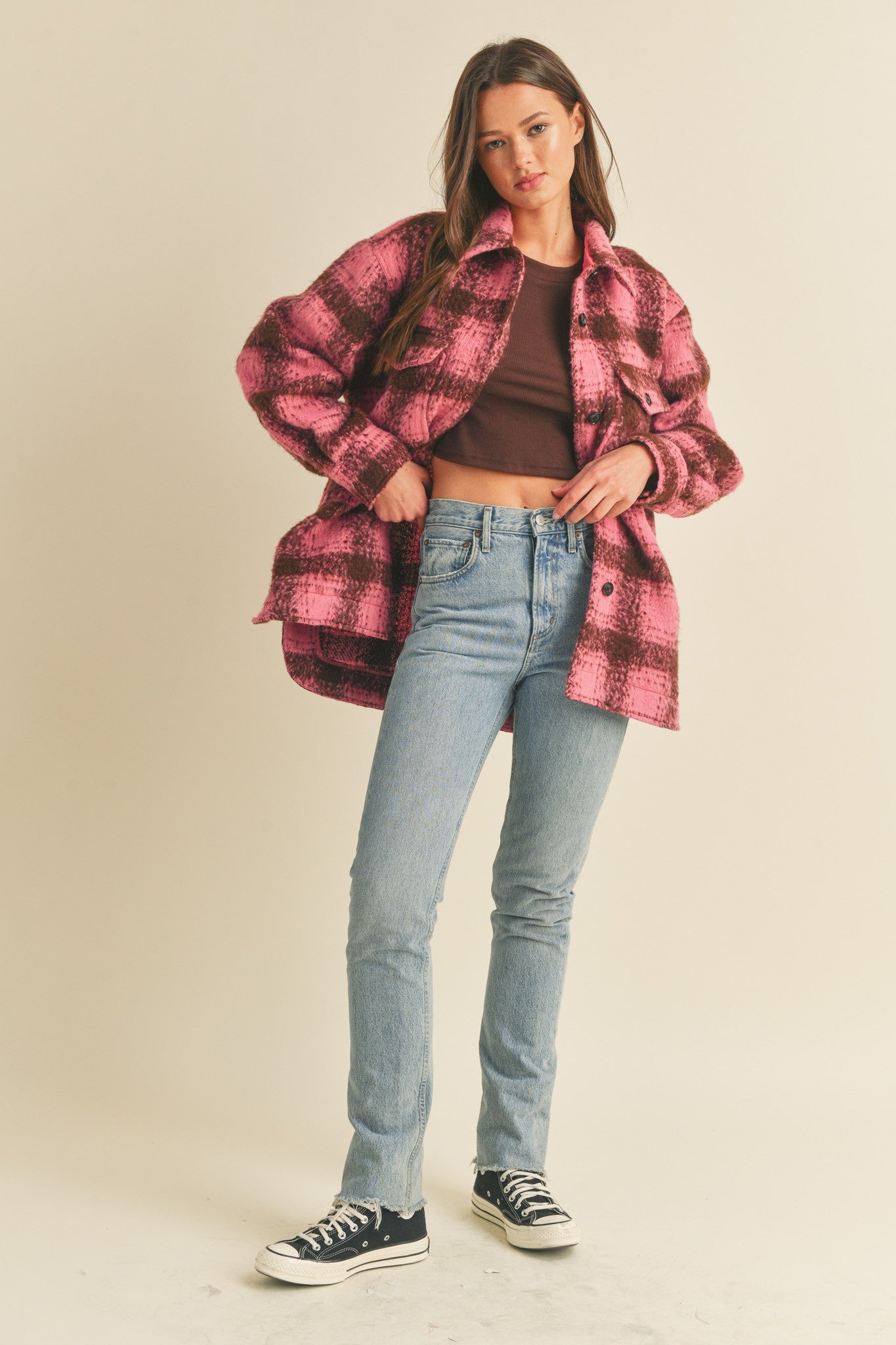 Brushed Plaid Shacket (Pink Mix)