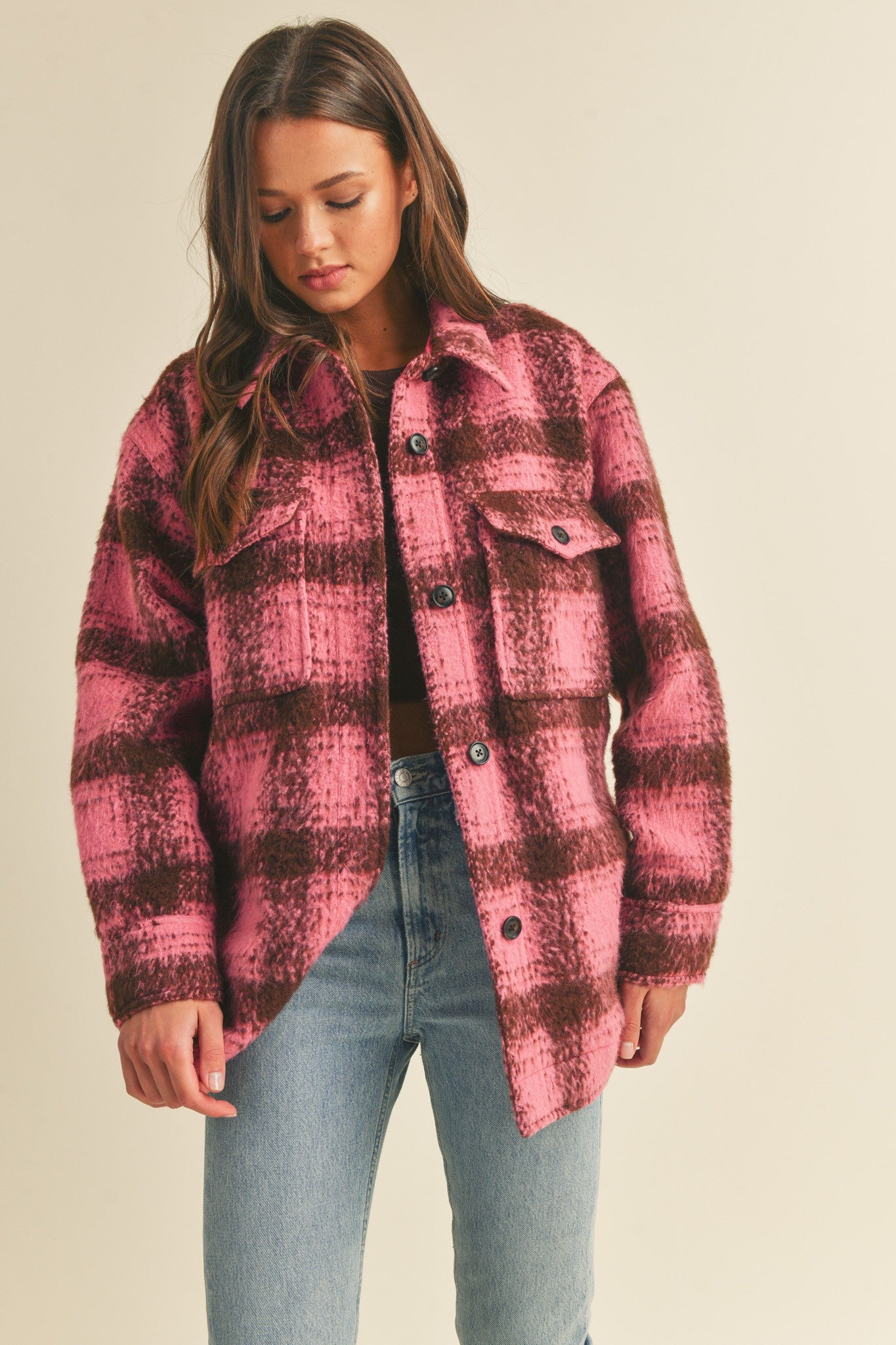 Brushed Plaid Shacket (Pink Mix)