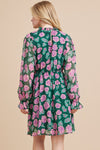 Frill Neck Long Sleeve Floral Print Dress