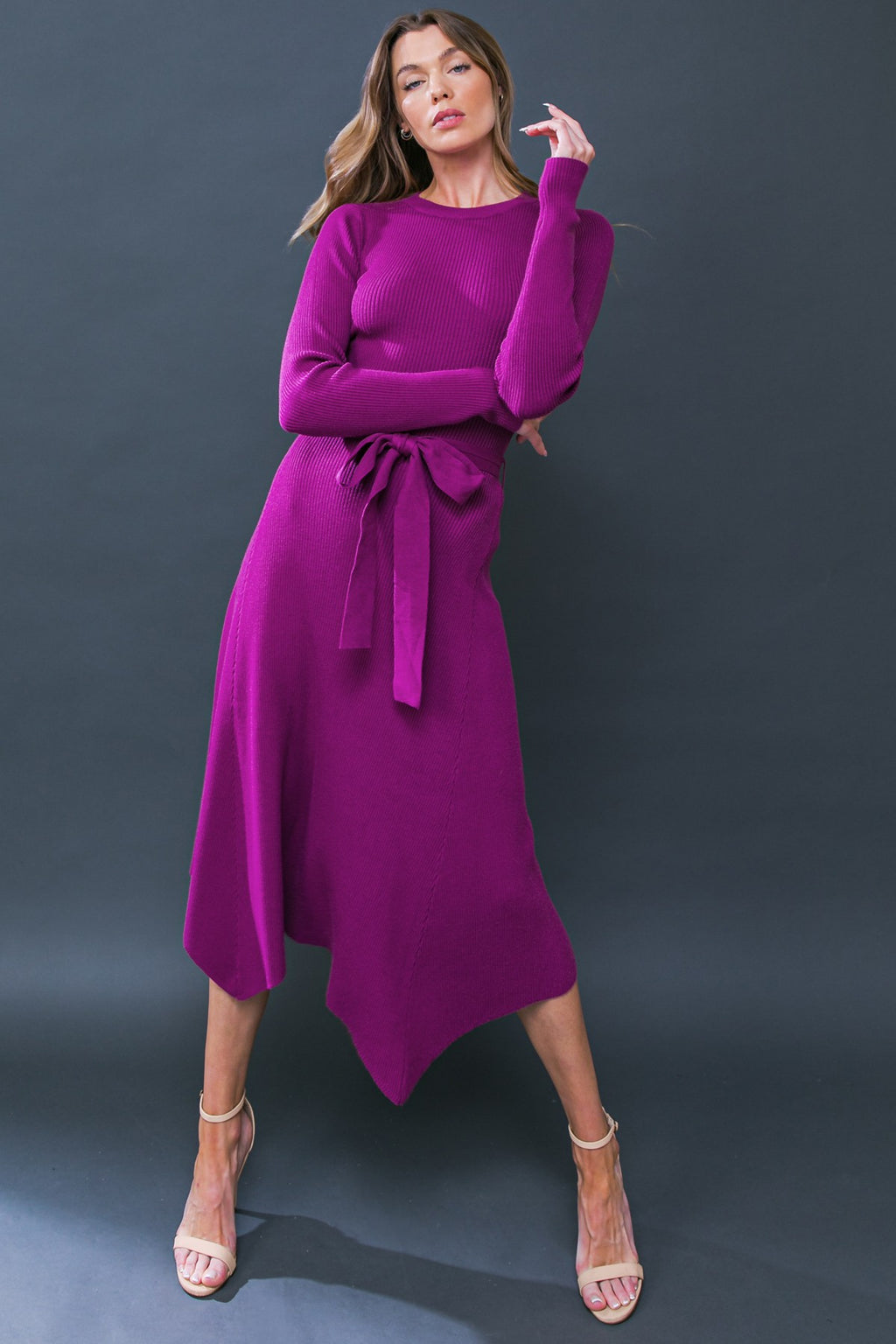 Shark Bite Hem Long Sleeve Sweater Dress (Orchid)