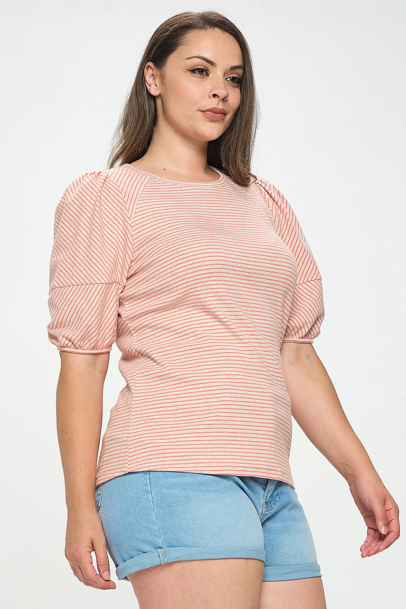 Bubble Sleeve Knit Top (Oatmeal Stripe - Plus Size)