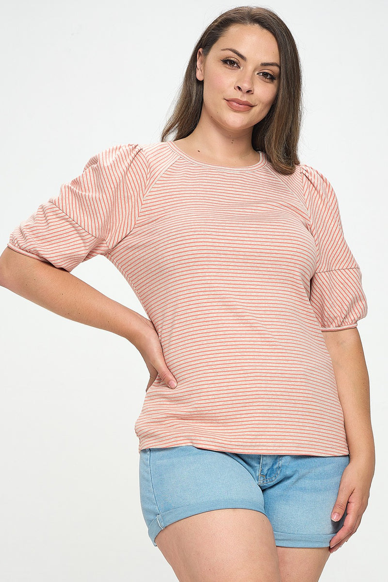 Bubble Sleeve Knit Top (Oatmeal Stripe - Plus Size)